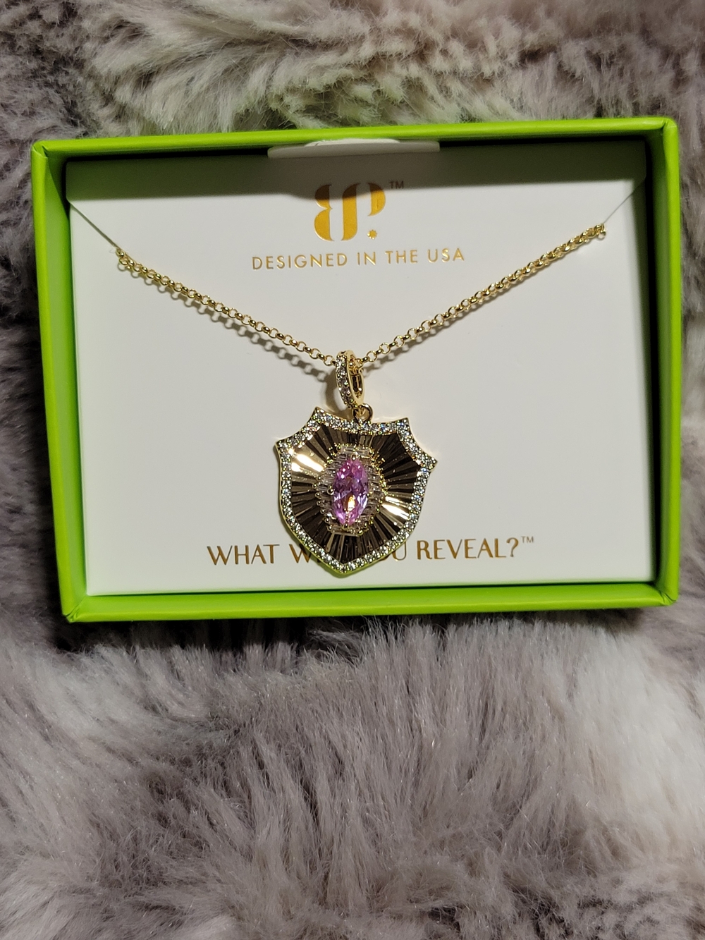 Gold Shield Pendant Necklace with Pink Center Stone